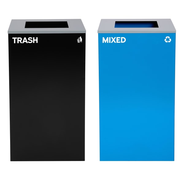 Alpine Industries Stainless-Steel Open Top Mixed Recycling And Trash Can Set With Square Lids, 29 Gallons, 30inH x 16-15/16inW x 16-15/16inD, Black/Blue, Set Of 2 Trash Cans