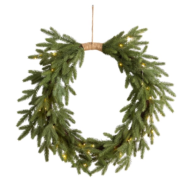 Nearly Natural Holiday Christmas 24inH Pine Pre-Lit Cascading Wreath, 24in x 5in, Green