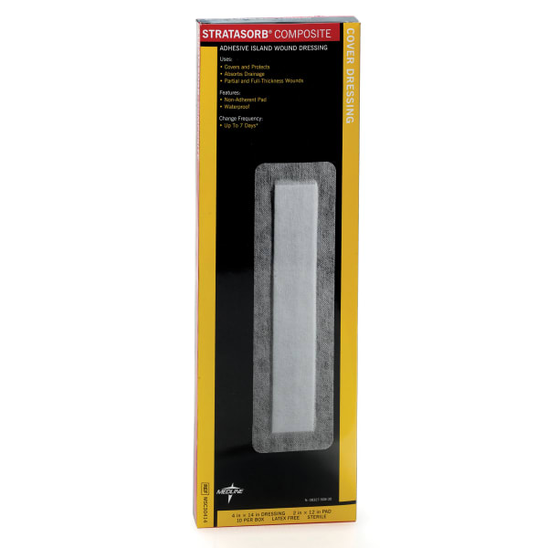 Medline Stratasorb Composite Island Dressings, 4in x 14in, White, Box Of 10