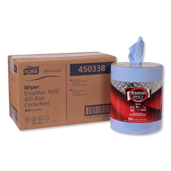 Tork Advanced ShopMax Wiper 450 Wipes, Centerfeed Refill, 9-15/16in x 13-1/8in, Blue, 200 Wipes Per Roll, Carton Of 2 Rolls