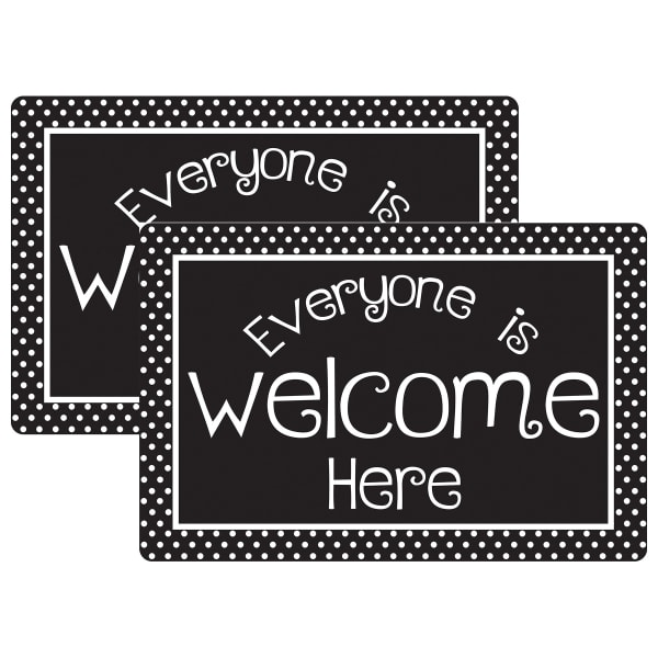 Smart Poly Welcome Mat With Slip Resistant Backing, 15.5in x 23.5in, Black & White Dots Everyone Is Welcome Here, Pack Of 2