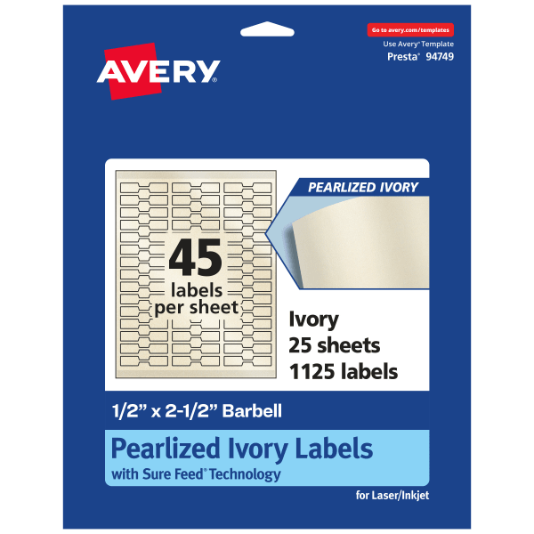 Avery Pearlized Permanent Labels With Sure Feed, 94749-PIP25, Barbell, 1/2in x 2-1/2in, Ivory, Pack Of 1,125 Labels
