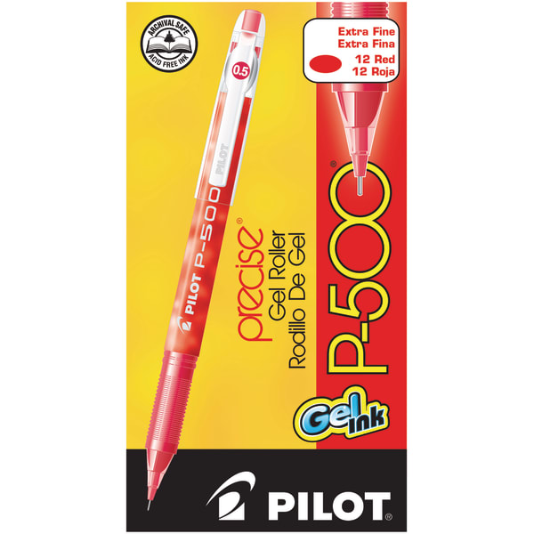 Pilot Gel Ink Rollerball Pens, P-500, Extra-Fine Point, 0.5 mm, Red Barrel, Red Ink, Pack Of 12 Pens