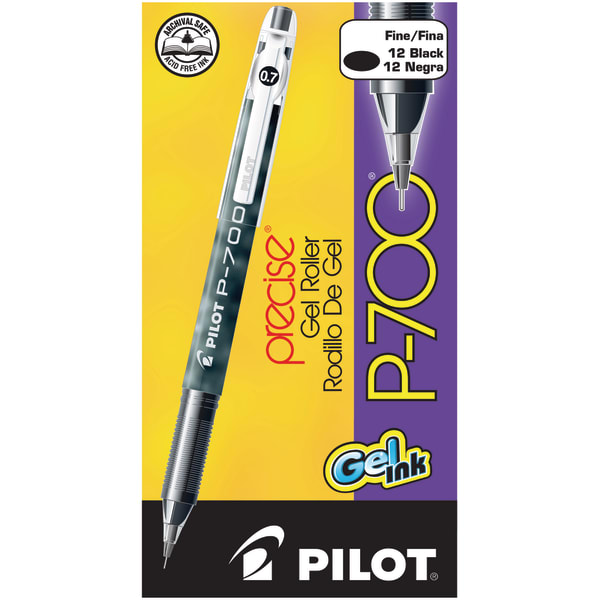 Pilot Gel Ink Rollerball Pens, P-700, Fine Point, 0.7 mm, Black Barrel, Black Ink, Pack Of 12 Pens