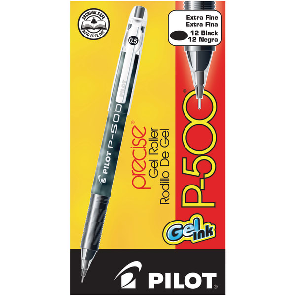 Pilot Gel Ink Rollerball Pens, P-500, Extra-Fine Point, 0.5 mm, Black Barrel, Black Ink, Pack Of 12 Pens