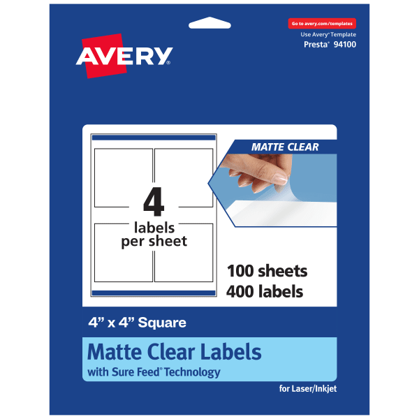 Avery Permanent Labels With Sure Feed, 94100-CMF100, Square, 4in x 4in, Matte Clear, Pack Of 400