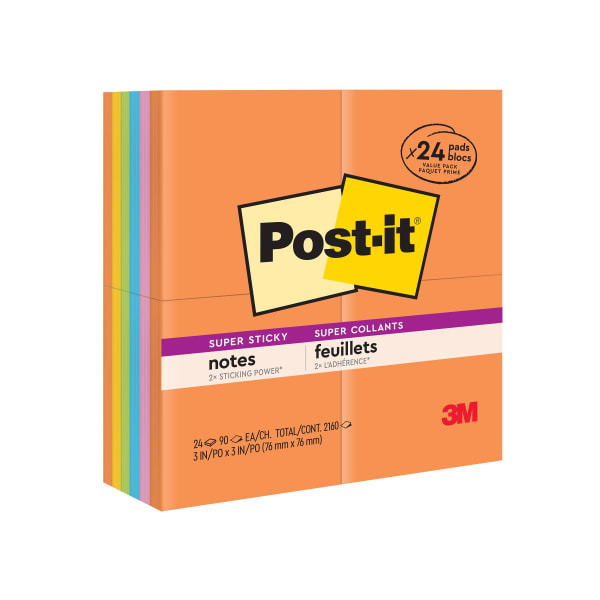 Post-it Super Sticky Notes, 24 Pads, 3 in x 3 in, 2x the Sticking Power, School Supplies and Office Products, Sticky Notes for Vertical Surfaces, Monitors, Walls and Windows, Energy Boost Collection