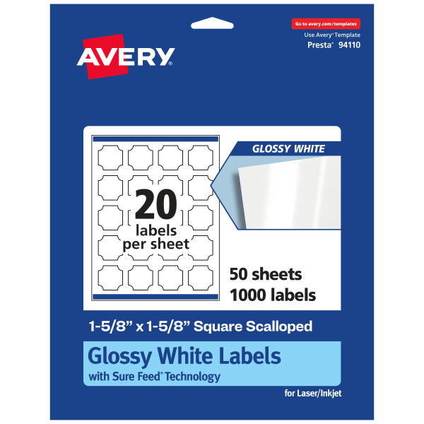 Avery Glossy Permanent Labels With Sure Feed, 94110-WGP50, Square Scalloped, 1-5/8in x 1-5/8in, White, Pack Of 1,000