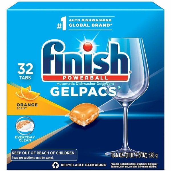 Finish Dishwasher Gel Packs - For Dish, Glass - 1.30 oz (0.08 lb) - Orange Scent - Pre-moistened - Orange - 32 / Box