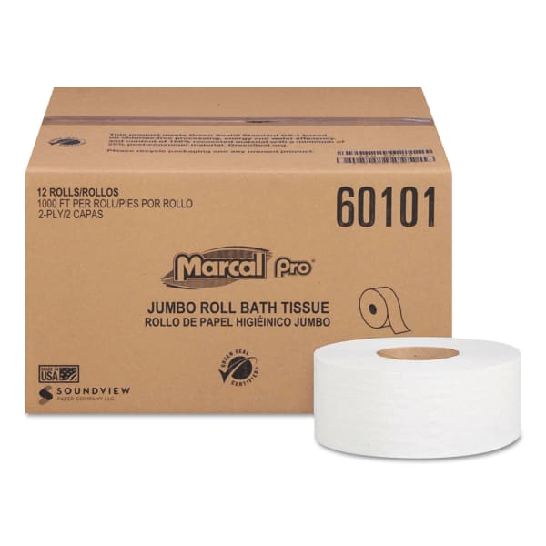Marcal PRO Bathroom Tissue, Septic Safe, 2-Ply, White, 3.3in x 1,000 ft, 12 Rolls/Carton