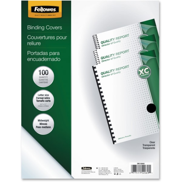 Fellowes Clear Presentation Binding Covers, 8 1/2in 11in, Clear, Pack Of 100