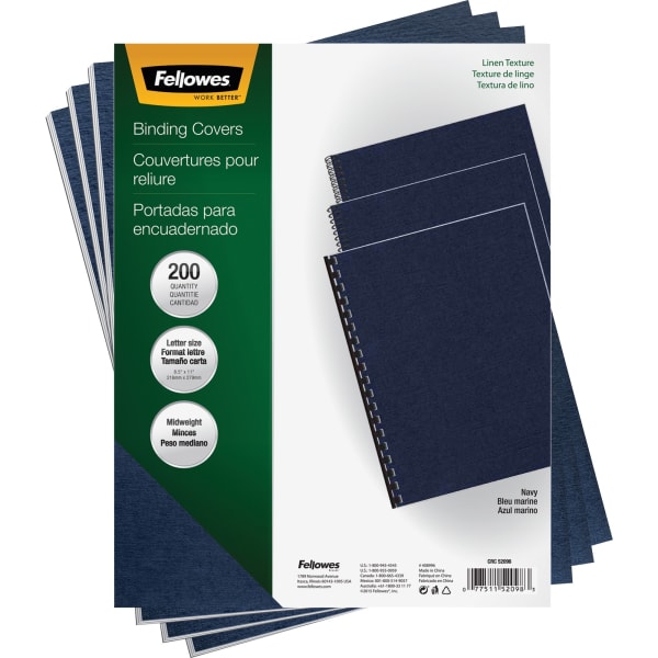 Fellowes Linen Classic Presentation Covers, 8 1/2in 11in, Navy, Pack Of 200