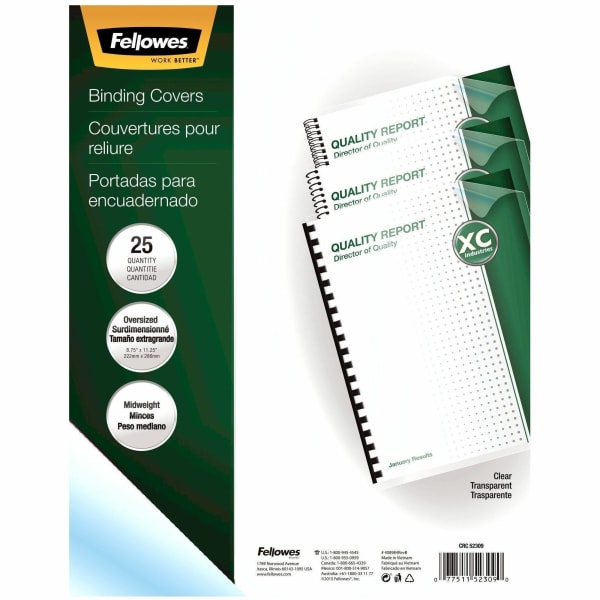 Fellowes Crystals Clear PVC Covers - Oversize, 25 pack - 11.3in Height x 8.8in Width x 0in Depth - Clear - Plastic, Polyvinyl Chloride (PVC) - 25 / Pack