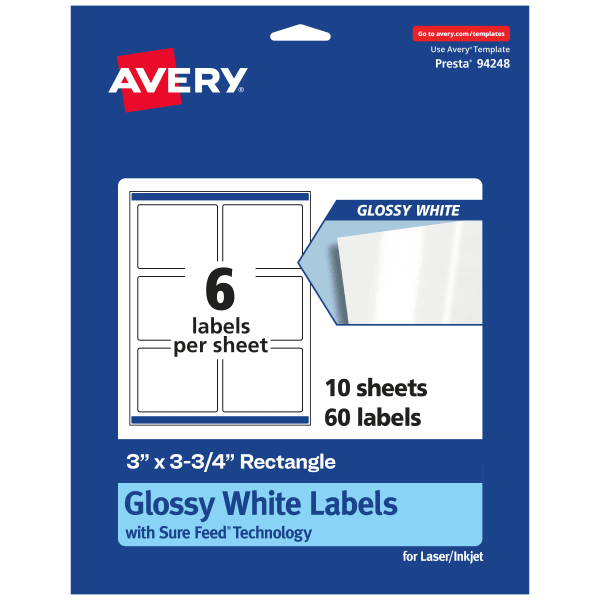Avery Glossy Permanent Labels With Sure Feed, 94248-WGP10, Rectangle, 3in x 3-3/4in, White, Pack Of 60