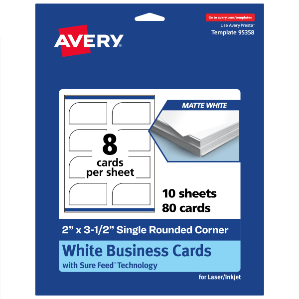 Avery Print-To-The-Edge Business Cards With Sure Feed Technology, 2inx3-1/2in Rectangle Single Rounded Corner, Matte White, Pack Of 80
