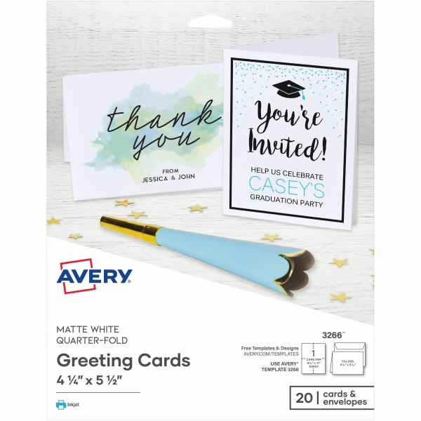 Avery Quarter-Fold Greeting Card Stock With Envelopes, Matte White, 4.25in x 5.5in, 80 Lb, Pack Of 20