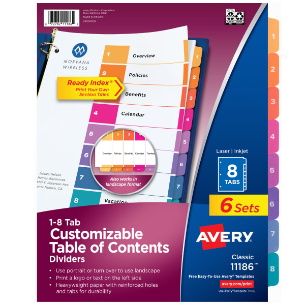 Avery Ready Index 1-8 Tab Binder Dividers With Customizable Table Of Contents, 8-1/2in x 11in, 8 Tab, White/Multicolor, Pack Of 6 Sets