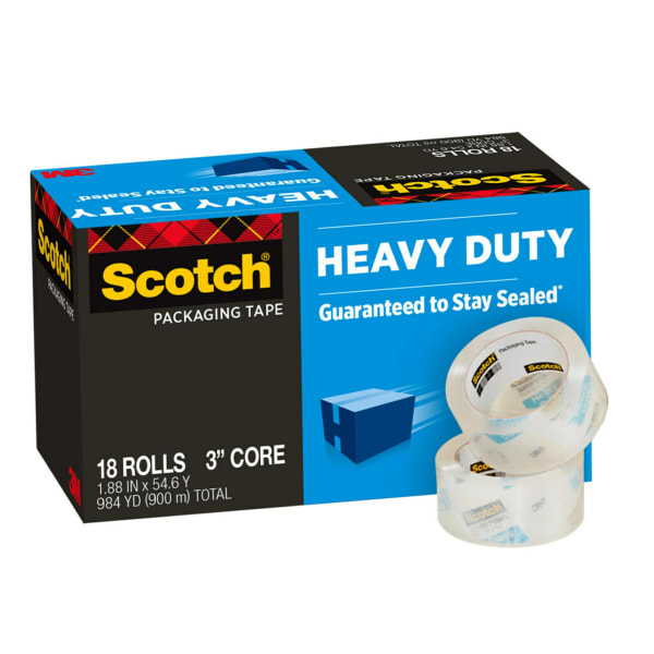 Scotch Heavy Duty Shipping Packing Tape, 18 Tape Rolls, 1 7/8 in x 54.6 yd, 1in Core, Designed for Packing, Shipping and Mailing, Guaranteed to Stay Sealed, Clear