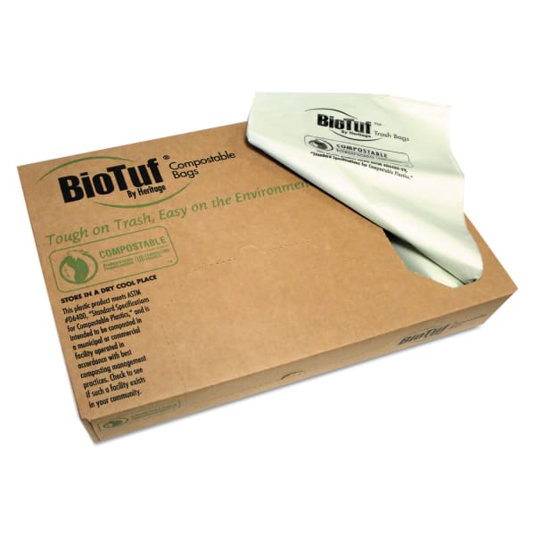 Heritage Biotuf Compostable Can Liners, 60 gal, 0.9 mil, 38in x 58in, Green, 20 Bags/Roll, 5 Rolls/Carton