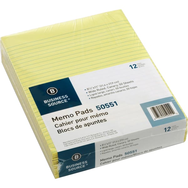 Business Source Glued Top Ruled Memo Pads - Letter - 50 Sheets - Glue - 16 lb Basis Weight - Letter - 8 1/2in x 11in Sheet Size - Canary Paper - 1 Dozen