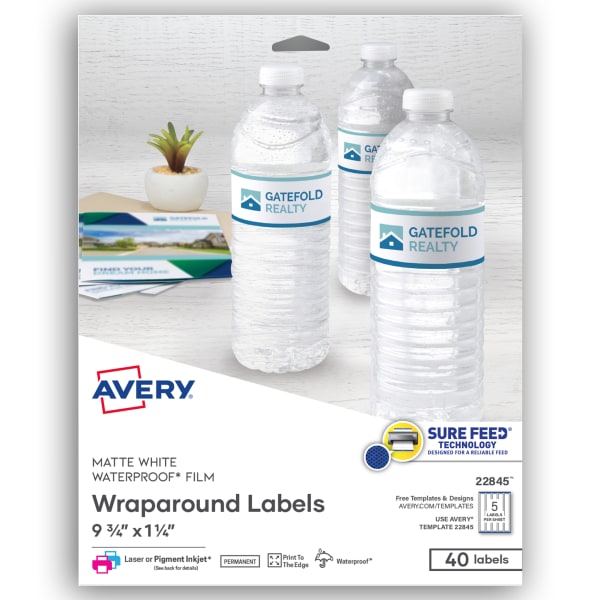 Avery Durable Waterproof Wraparound Labels With Sure Feed Technology, 22845, Rectangle, 1 1/4in x 9 3/4in, White, Pack Of 40 Labels