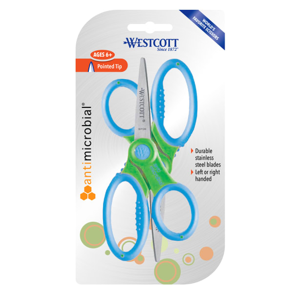 Westcott Kids Scissors With Antimicrobial Protection, 5in, Pointed, Assorted Colors, Pack Of 2 Pairs
