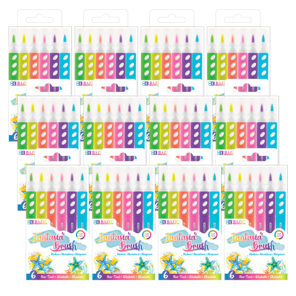 BAZIC Products Brush Markers, Fluorescent Colors, 6 Per Pack, Set Of 12 Packs