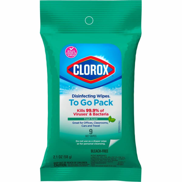 Clorox Bleach-Free Disinfecting Wipes, To-Go Pack, Fresh Scent, 2-13/16in x 6-9/16in, 9 Wipes Per Pack, White, Case Of 24 Packs