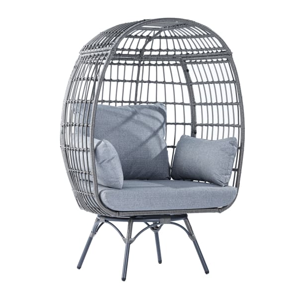 Flash Furniture Zola Commercial Indoor/Outdoor Oversized Wicker Egg Swivel Lounge Chair with 4 Cushions for Living Room, Patio, and Backyard Use, Gray Cushions/Gray Frame