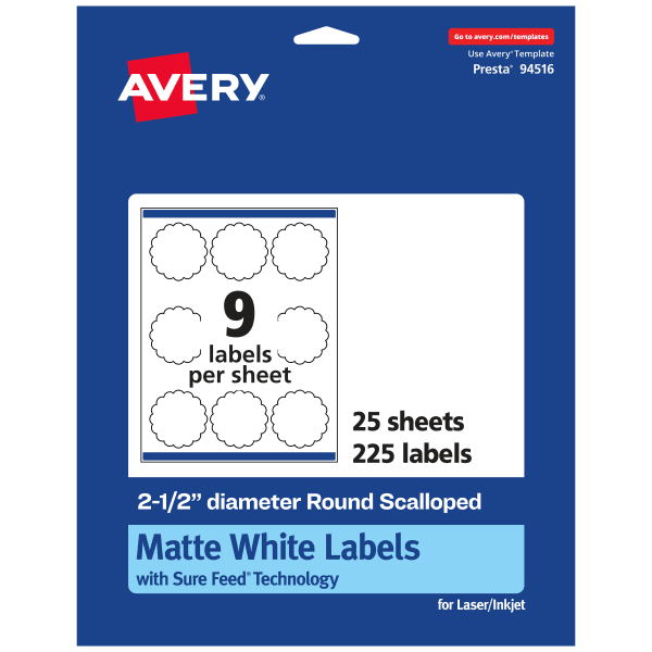 Avery Permanent Labels With Sure Feed, 94516-WMP25, Round Scalloped, 2-1/2in Diameter, White, Pack Of 225