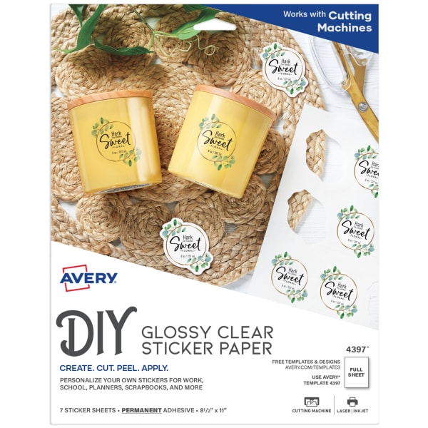 Avery Printable Sticker Paper For Laser & Inkjet Printers, 8.5in x 11in, Glossy Clear, 7 Craft Paper Sheets