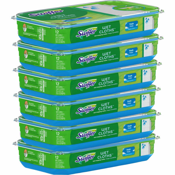 Swiffer Wet Refill Cloths, 8 x 10, Fresh Scent, White, 12/Box, 6 Boxes/Carton