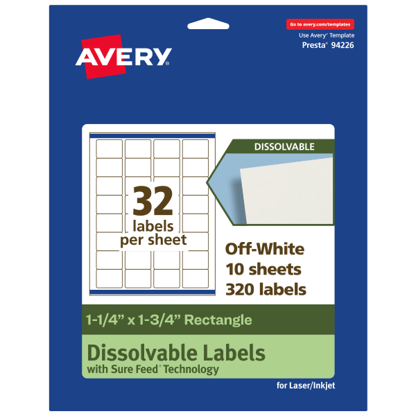 Avery Dissolvable Labels With Sure Feed Technology, 94226-DWMP10, Rectangle, 1-1/4inx1-3/4in, Matte Off-White, Pack Of 320