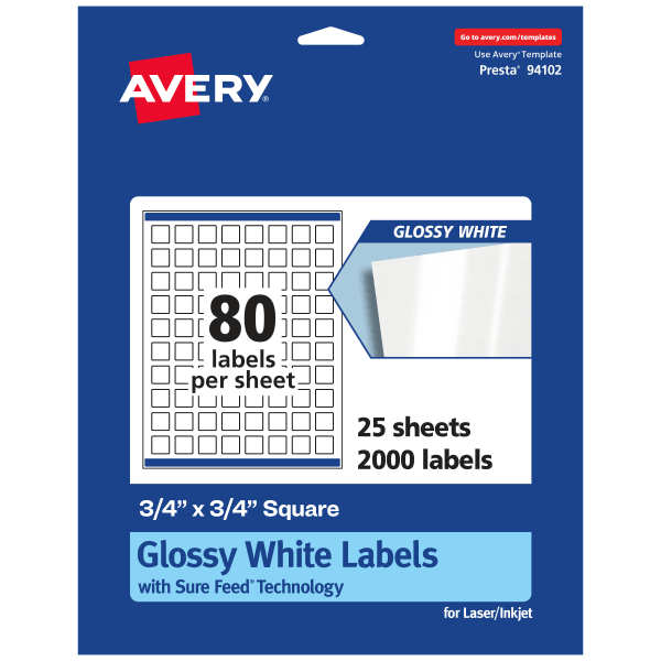Avery Glossy Permanent Labels With Sure Feed, 94102-WGP25, Square, 3/4in x 3/4in, White, Pack Of 2,000