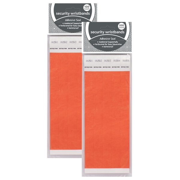 C-Line DuPont Tyvek Security Wristbands, Orange, 100 Per Pack, Set Of 2 Packs