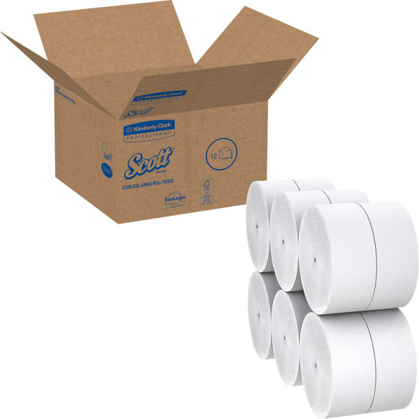 Scott Coreless High-Capacity Jumbo Roll Toilet Paper - 1 Ply - 3.78in Width x 2300 ft Length - 9in Roll Diameter - White - Fiber - 12 / Carton