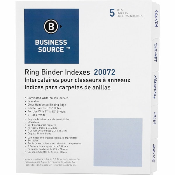 Business Source 3-Ring 5-Tab Erasable Tab Indexes - 5 Write-on Tab(s) - 2in Tab Width - 8.5in Divider Width x 11in Divider Length - Letter - 3 Hole Punched - White Divider - Mylar Tab(s) - 100% Recycled