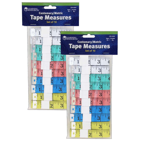 Learning Resources Customary/Metric Tape Measures, 1/16inH x 2inW x 5'L, Pack Of 10 Measures, Set Of 2 Packs