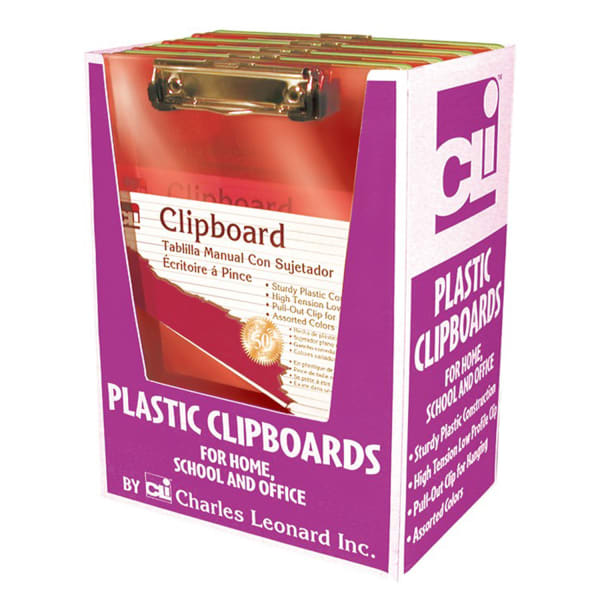 Charles Leonard Transparent Plastic Clipboard With Low Profile Clip and Pull Out Hook, Letter Size, Assorted Neon Colors, Pack Of 12