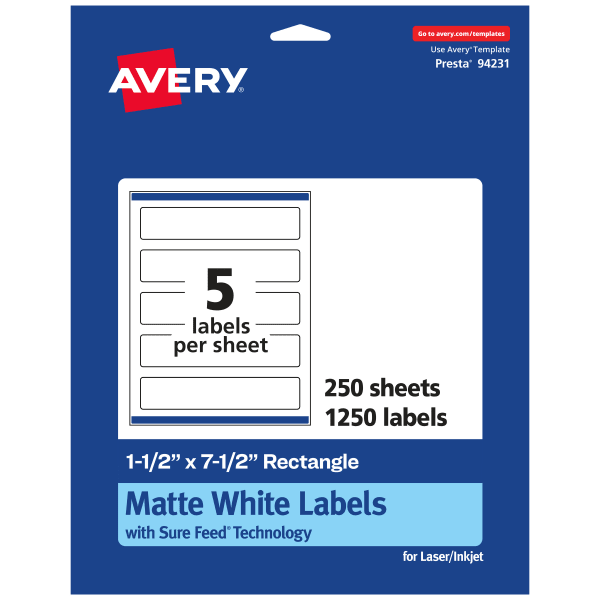 Avery Permanent Labels With Sure Feed, 94231-WMP250, Rectangle, 1-1/2in x 7-1/2in, White, Pack Of 1,250