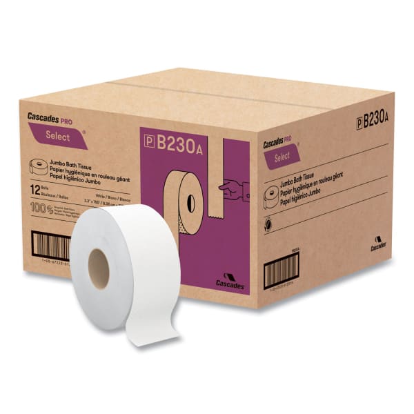 Cascades PRO Select Jumbo Bath Tissue, Septic Safe, 2-Ply, White, 3.3in x 750 ft, 12/Carton