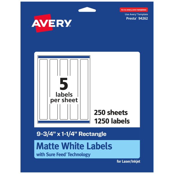 Avery Permanent Labels With Sure Feed, 94262-WMP250, Rectangle, 9-3/4in x 1-1/4in, White, Pack Of 1,250