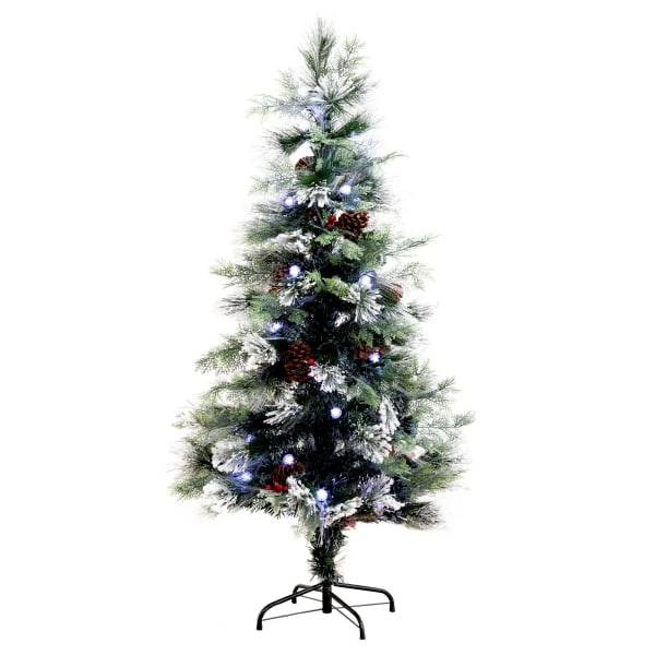 Nearly Natural Flocked Pine 60inH Artificial Fiber Optic Christmas Tree With Pinecones, Berries And LED Lights, 60inH x 33inW x 33inD, Green