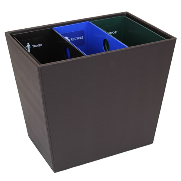 Hospitality Source Wood Triple Recycle Bins, 14in x 9-1/2in x 12-1/2in, Mocha Brown, Set Of 6 Bins