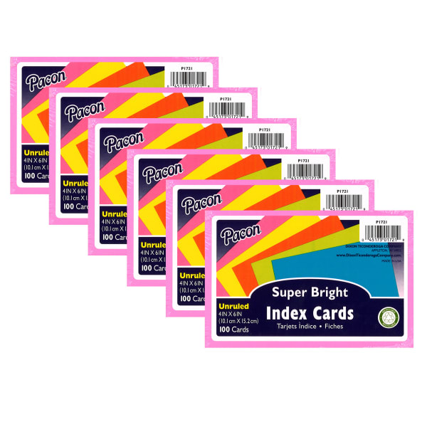 Pacon Index Cards, 5 Super Bright Assorted Colors, Unruled, 4in x 6in, 100 Cards Per Pack, Set Of 6 Packs