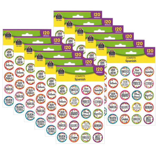Teacher Created Resources Stickers, Confetti Spanish, 120 Per Pack, Set Of 12 Packs