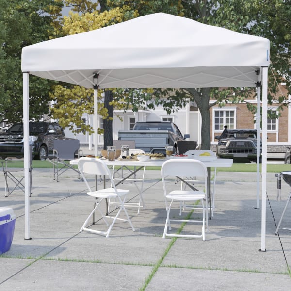 Flash Furniture Portable Tailgate/Event Tent Set - 8ftx8ft Pop Up Canopy Tent, 6-Foot Bi-Fold Table, Set of 4 Folding Chairs, White