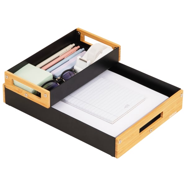 Mind Reader Metal And Wood Tiered Desktop Organizer Trays, 2-7/8inH x 13-3/4inW x 9-3/4inD, Black, Total Qty 2