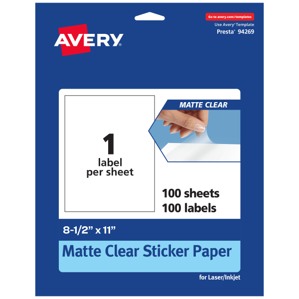 Avery Permanent Labels, 94269-CMF100, Rectangle, 8-1/2in x 11in, Matte Clear, Pack Of 100