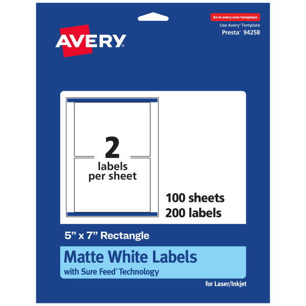 Avery Permanent Labels With Sure Feed, 94258-WMP100, Rectangle, 5in x 7in, White, Pack Of 200